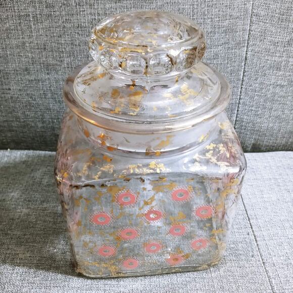 Vtg Pink & Gold MCM Lidded Glass Jar Midcentury Mod (su1) - Picture 3 of 8